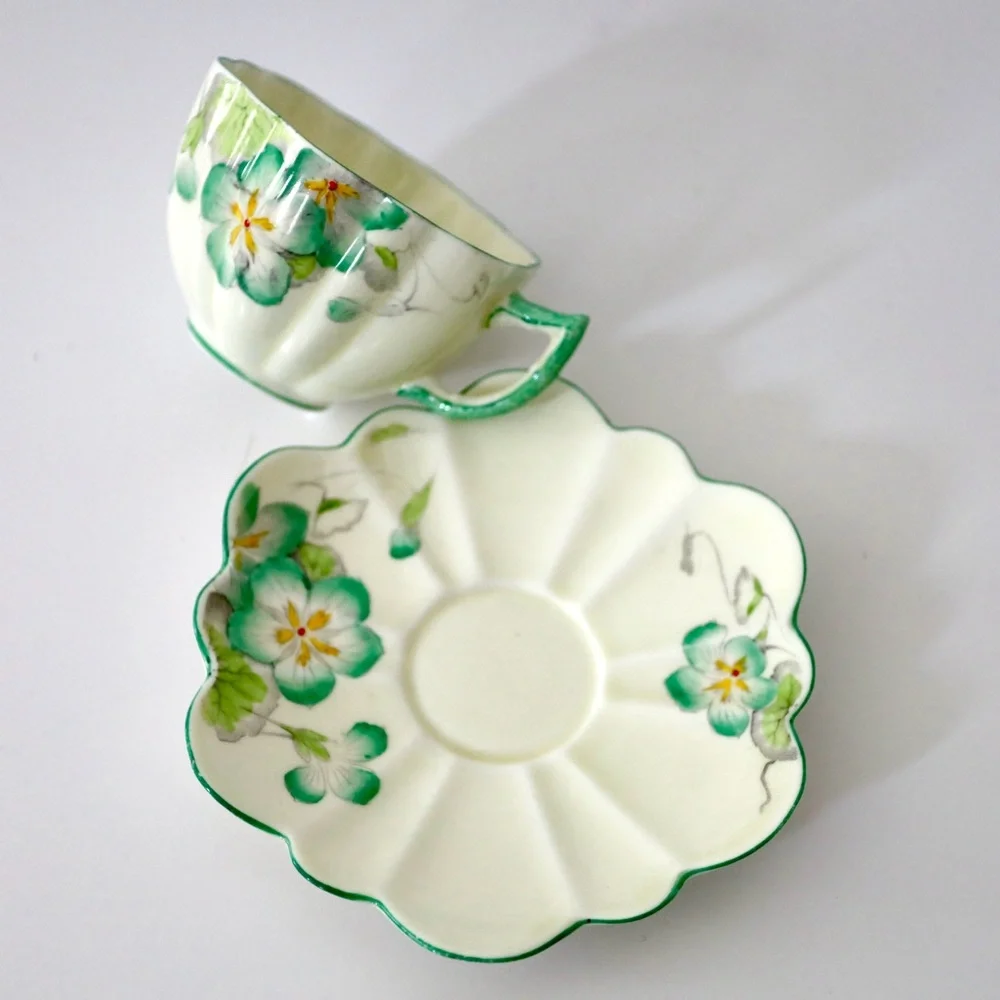 RARE 1930s Paragon Teacup & Saucer, Art Deco Vintage, Flower Shape, Green Flower